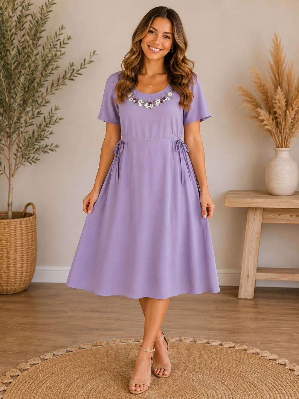 Sweet Salt Lavender Embroidered Floral Midi Dress Modest Tie Waist Medium